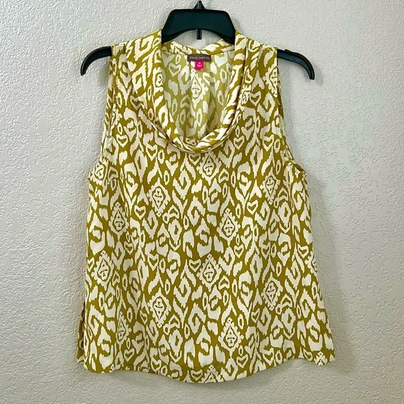 Vince Camuto Olive Green White Cowl Neck Sleeveless Casual Blouse Tops M - Picture 2 of 8